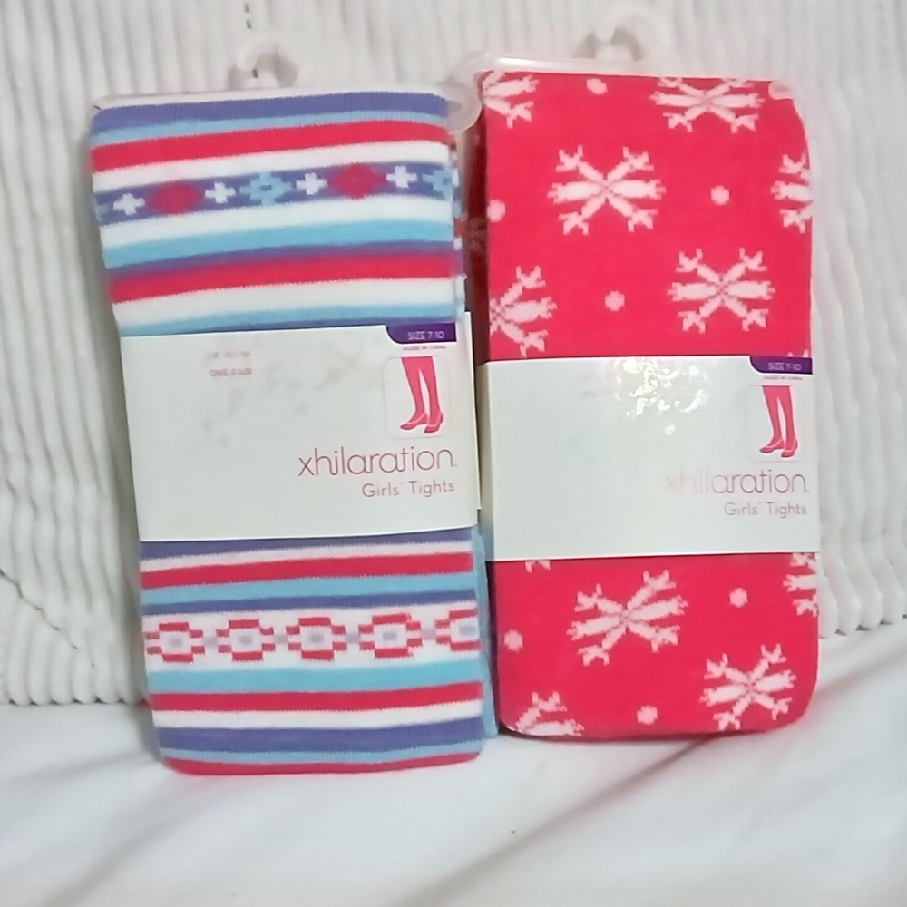 2 Pairs Xhilaration Girls Pink & Multicolor Snowflake Warm Tight Size 7-10 NWT
